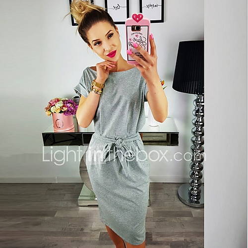 Dames Midi Slim T Shirt Jurk Wijn Legergroen Licht Grijs S M L Xl huismerk kopen in de aanbieding