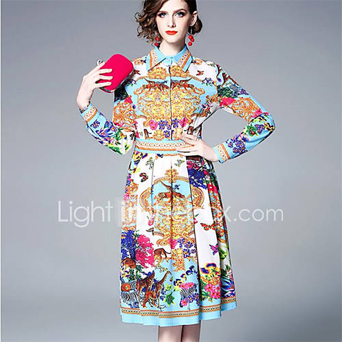 Dames Elegant Schede Jurk Geometrisch Pied De Poule Geplooid Print Tot De Knie huismerk kopen in de aanbieding