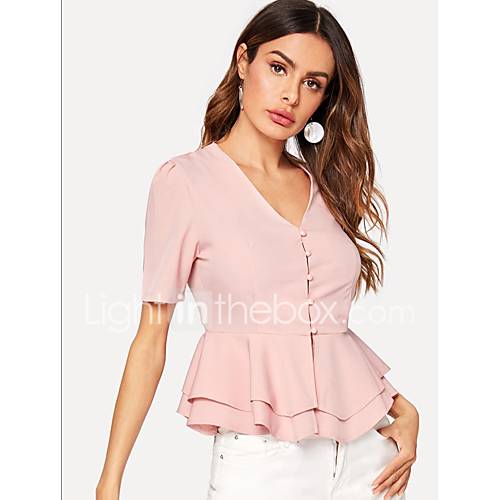 Dames Ruche Patchwork Overhemd Effen Blozend Roze huismerk kopen in de aanbieding