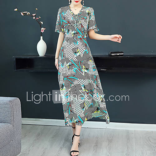 Dames Verfijnd Elegant Schede Wijd Uitlopend Jurk Geometrisch Print Maxi huismerk kopen in de aanbieding