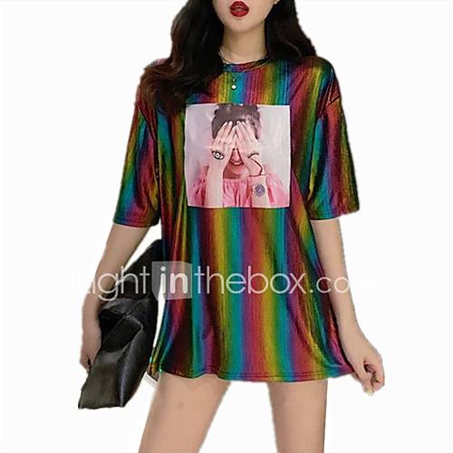 Dames Patchwork Print T Shirt Regenboog Portret Wit Een Maat huismerk kopen in de aanbieding