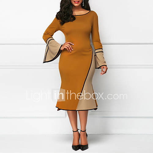 Dames Standaard Bodycon Schede Jurk Geometrisch Kleurenblok Midi huismerk kopen in de aanbieding