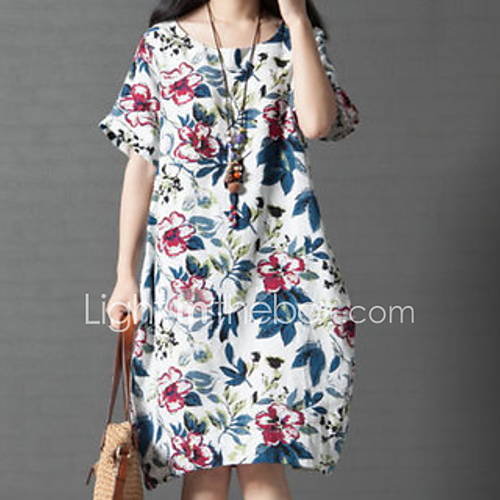 Dames Recht Jurk Bloemen Print Tot De Knie huismerk kopen in de aanbieding Dames Recht Jurk Bloemen Print Tot De Knie huismerk kopen in de aanbieding