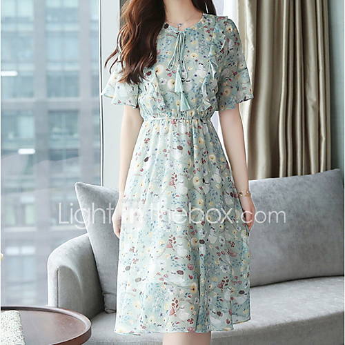 Dames Elegant Chiffon Jurk Bloemen Tot De Knie huismerk kopen in de aanbieding Dames Elegant Chiffon Jurk Bloemen Tot De Knie huismerk kopen in de aanbieding