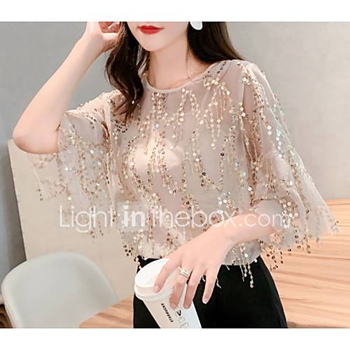 Dames Pailletten Blouse Effen Beige huismerk kopen in de aanbieding