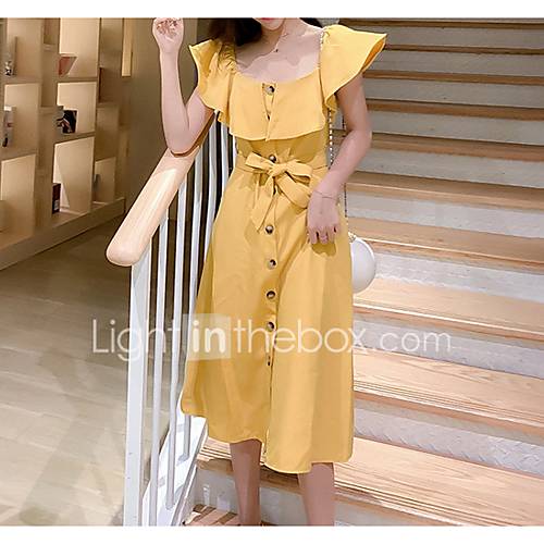 Midi A Lijn Damesjurk V Hals Zwart Geel Groen M huismerk kopen in de aanbieding