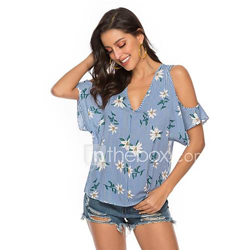 Dames Cut Out Patchwork Print Blouse Gestreept Bloemen Blauw huismerk kopen in de aanbieding
