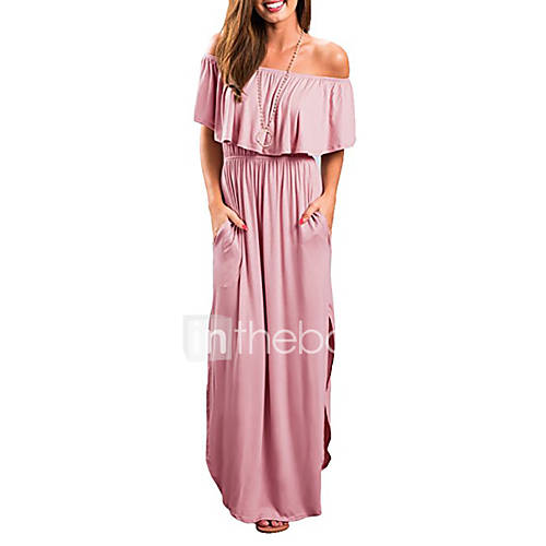 Dames Elegant Recht Jurk Effen Ruche Maxi huismerk kopen in de aanbieding