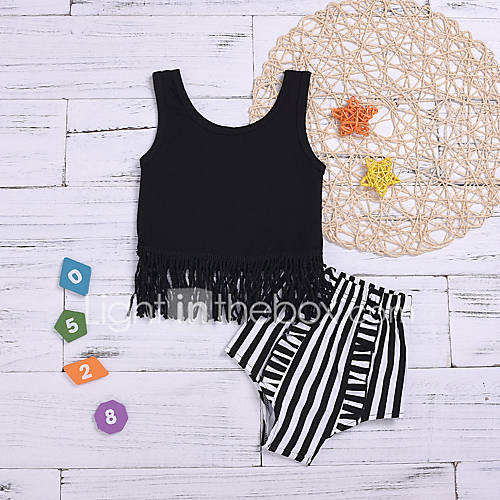 Baby Meisjes Standaard Gestreept Kwastje Mouwloos Kort Katoen Polyester Kledingset Zwart huismerk kopen in de aanbieding Baby Meisjes Standaard Gestreept Kwastje Mouwloos Kort Katoen Polyester Kledingset Zwart huismerk kopen in de aanbieding