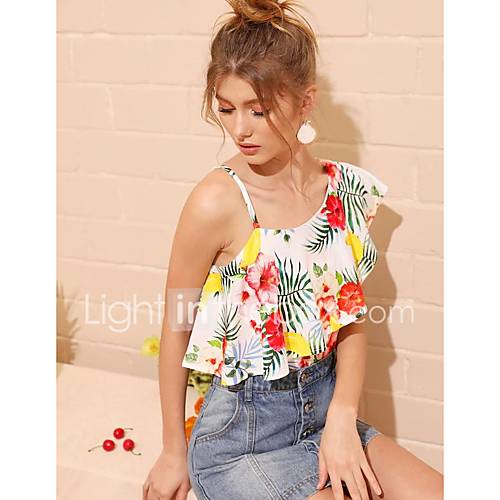 Dames Ruche Print Overhemd Bloemen Fruit Wit huismerk kopen in de aanbieding