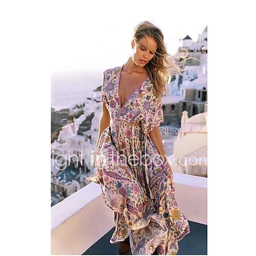 Dames Boho Wijd Uitlopend Jurk Bloemen Veters Print Maxi huismerk kopen in de aanbieding