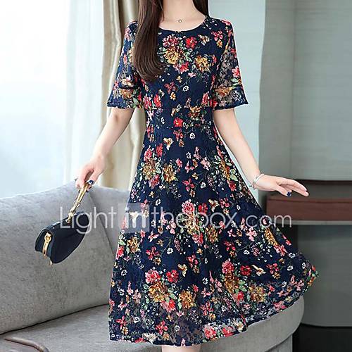 Dames Street Chic Verfijnd Recht Wijd Uitlopend Jurk Bloemen Ruitjes Lace Trim Midi huismerk kopen in de aanbieding