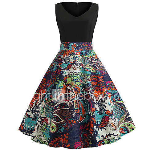 Dames Vintage Elegant Wijd Uitlopend Jurk Bloemen Print Tot De Knie huismerk kopen in de aanbieding