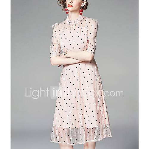 Dames Elegant A Lijn Jurk Polka Dot Netstof Print Tot De Knie huismerk kopen in de aanbieding