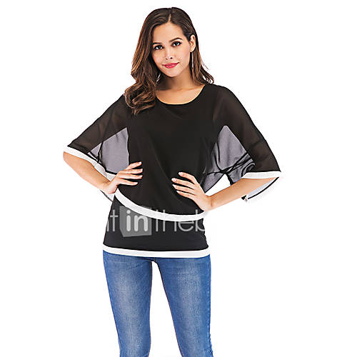 Dames Patchwork Blouse Kleurenblok Zwart Xxxl huismerk kopen in de aanbieding