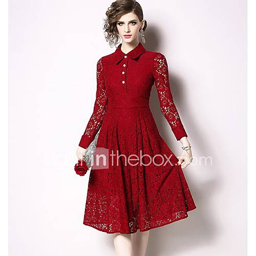 Dames Elegant Wijd Uitlopend Jurk Effen Geplooid Lace Trim Tot De Knie huismerk kopen in de aanbieding Dames Elegant Wijd Uitlopend Jurk Effen Geplooid Lace Trim Tot De Knie huismerk kopen in de aanbieding