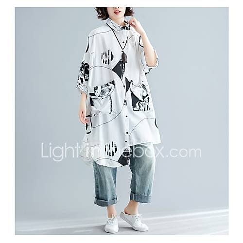 Dames Patchwork Print Overhemd Letter Wit Een Maat huismerk kopen in de aanbieding