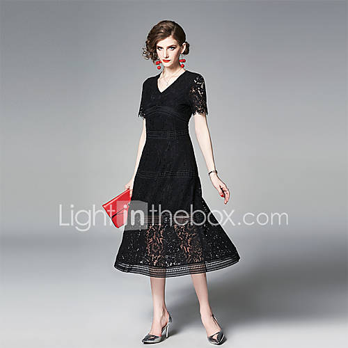 Dames Elegant A Lijn Jurk Effen Kant Patchwork Midi huismerk kopen in de aanbieding Dames Elegant A Lijn Jurk Effen Kant Patchwork Midi huismerk kopen in de aanbieding