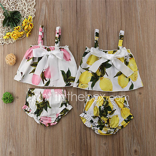 Baby Meisjes Standaard Boho Fruit Strik Mouwloos Kort Katoen Polyester Kledingset Blozend Roze huismerk kopen in de aanbieding