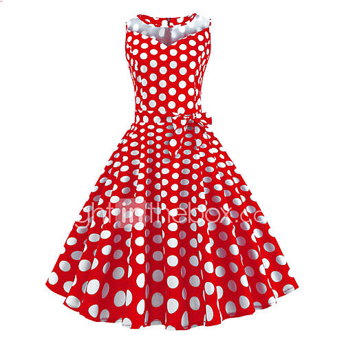 Dames Vintage A Lijn Wijd Uitlopend Jurk Polka Dot Patchwork Print Midi huismerk kopen in de aanbieding