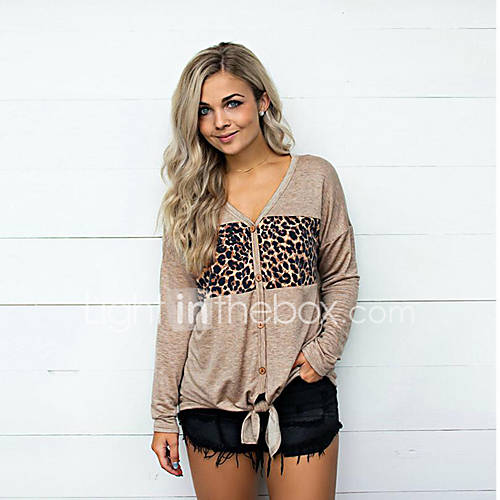 Dames Patchwork Print T Shirt Luipaard Kleurenblok Khaki huismerk kopen in de aanbieding