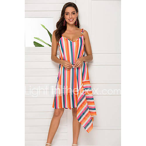 Dames Standaard Recht Jurk Gestreept Print Asymmetrisch huismerk kopen in de aanbieding