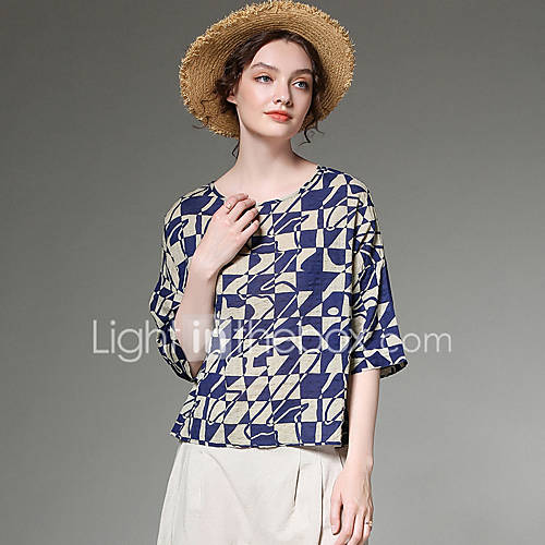 Dames Print T Shirt Letter Blauw Een Maat huismerk kopen in de aanbieding