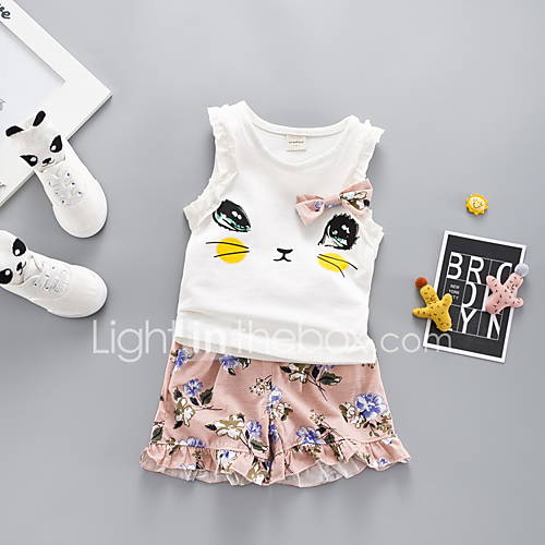 Baby Meisjes Actief Standaard Bloemen Ruche Mouwloos Normaal Katoen Kledingset Klaver huismerk kopen in de aanbieding