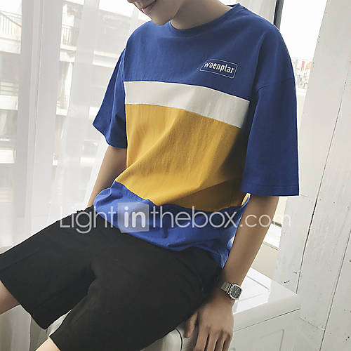 Heren Patchwork T Shirt Kleurenblok Letter Blauw Xl huismerk kopen in de aanbieding