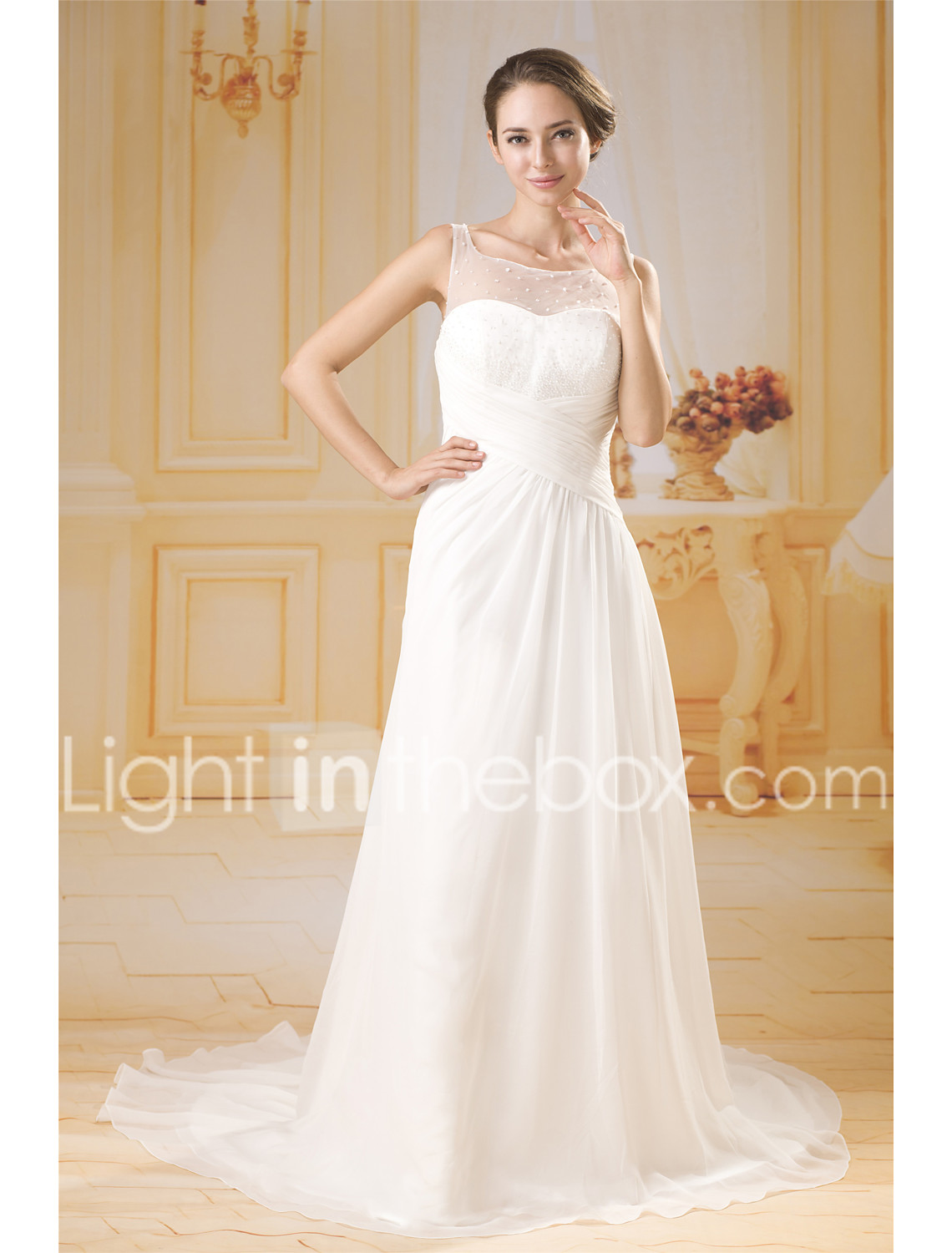 Sheath Column Bateau Neck Chapel Train Chiffon Made To Measure